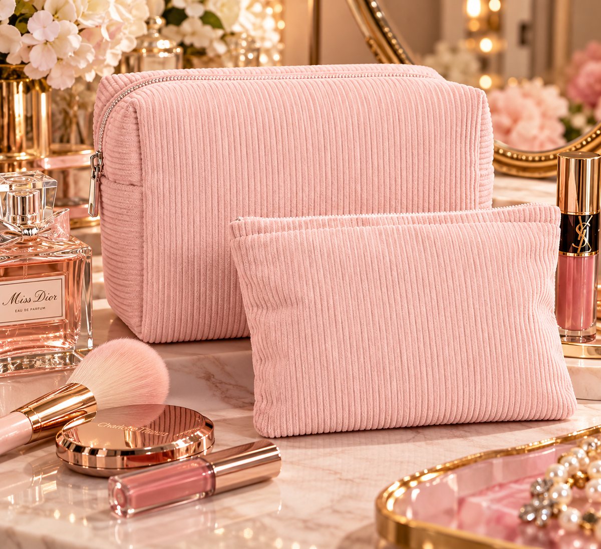 The Everyday Edit | Blush Pink Corduroy Cosmetic Bag Duo